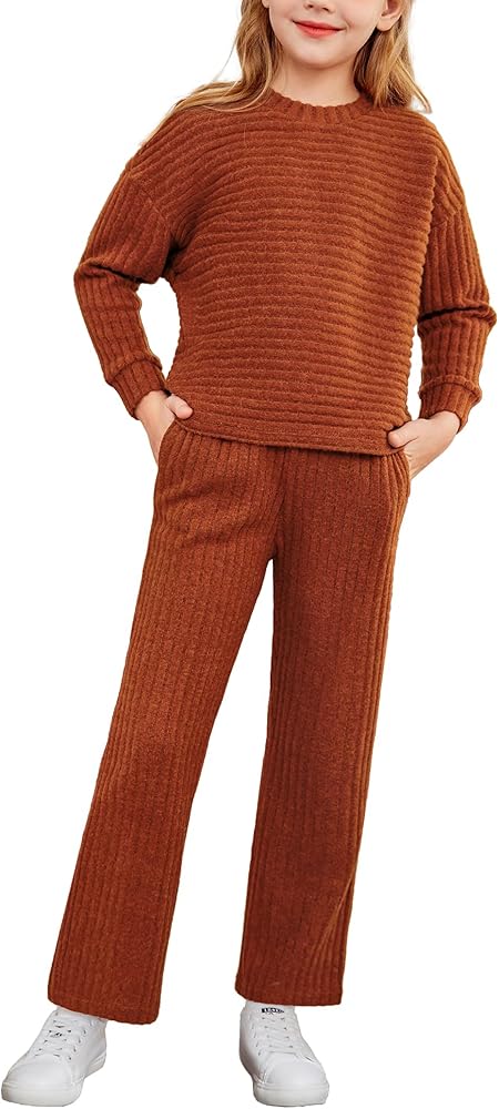 Arshiner Girl's 2 Piece Outfit Sweater Set Batwing Long Sleeve Ribbed Knit Top and Straight Leg Pants Sweatsuits with Pockets