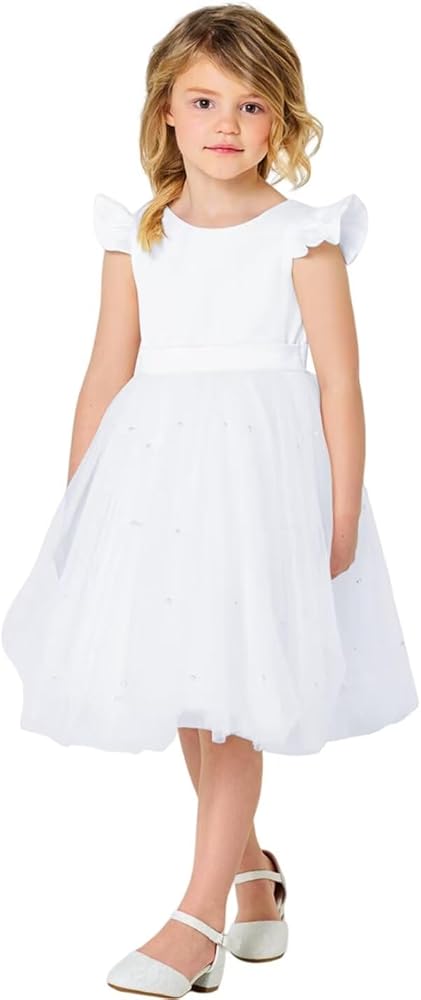 Girls Summer Short Ruffle Sleeve Flower Girl O-Neck Puffy Tulle 2024 Wedding Party Dresses with Bow