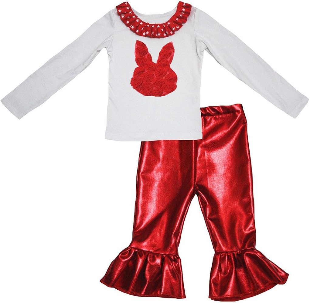 Petitebella Floral Rabbit Head White Cotton L/s Shirt Red Shiny Pant Set 1-8y