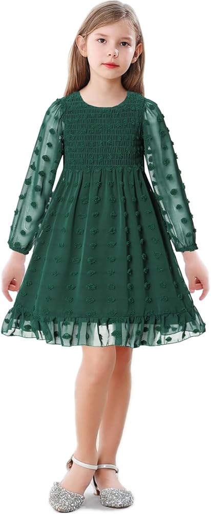 Girls Chiffon Dress Swiss Dot Solid Pom Poms Flutter Ruffle Skirt hem Long Sleeve Lace Frocks 5-13T Girl Casual Dresses