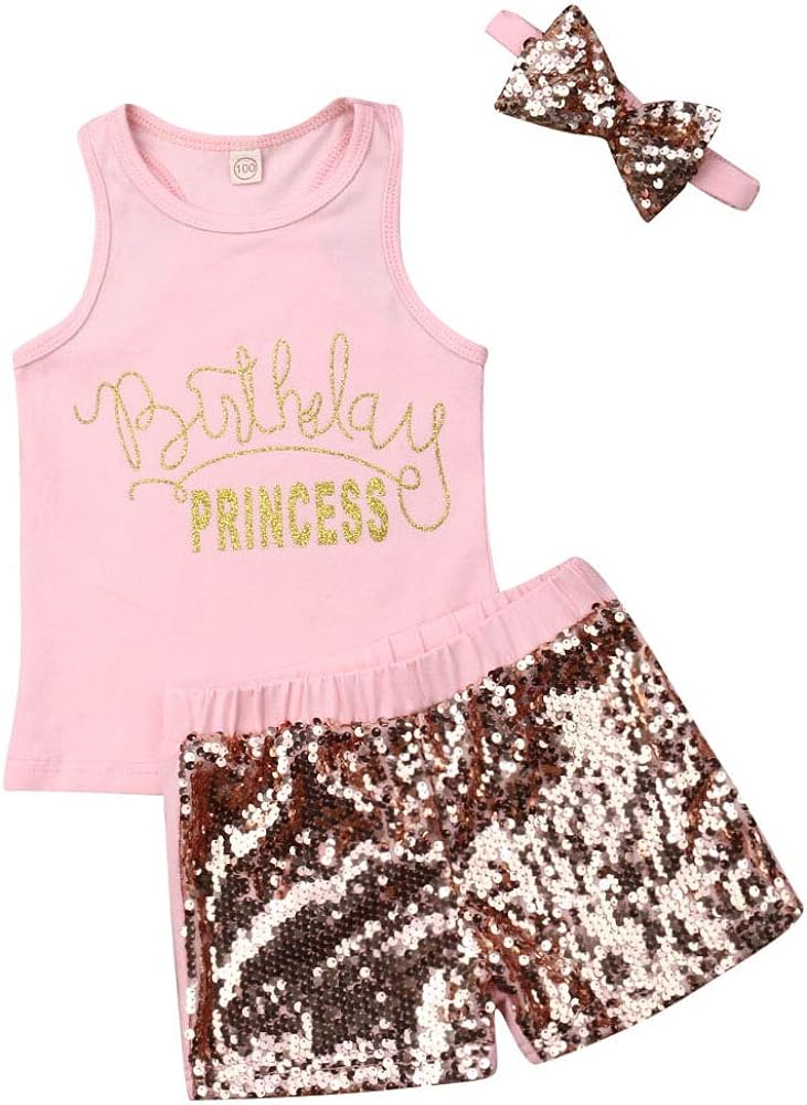 3 Style Baby Girl Gold Letter Print Sleeveless Vest +Gold Sequins Shorts Pants Outfit Set +Bowknot Headband