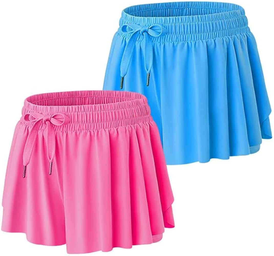 Girls Flowy Athletic Shorts 2 Packs Butterfly Shorts for Kids with Pocket 2-in-1 Tennis Shorts Running Shorts for Girls