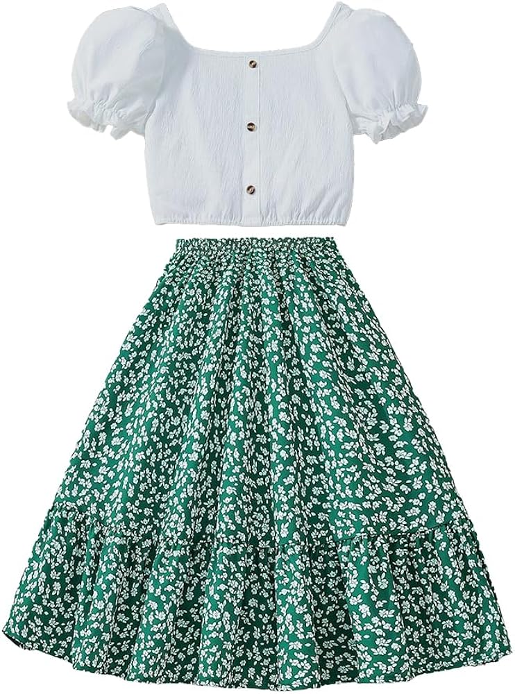 Girls' Two Piece Outfit, White Puff Sleeve Short Top, GreenFloral Ruffle Skirt Set 8-12 Years