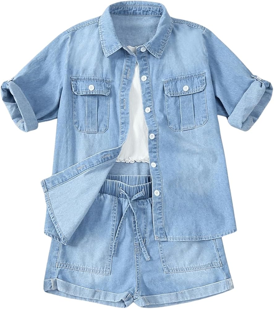 Verdusa Girl's 2 Piece Outfit Button Up Short Sleeve Denim Shirt and Short Sets