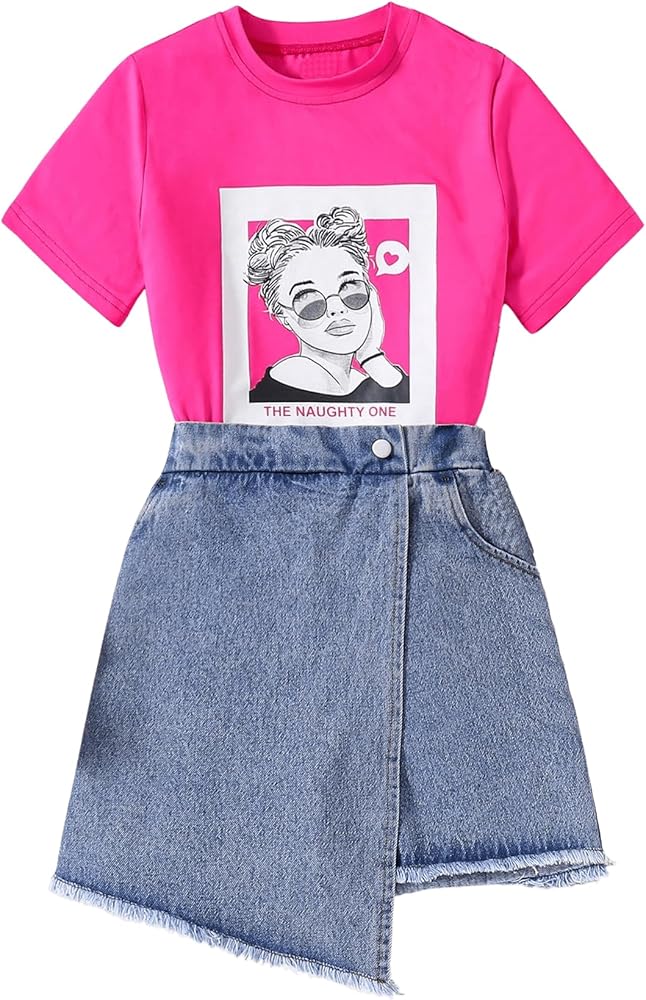 SHENHE Girl's Two Piece Shorts Set Fringe Denim Skirt Shorts Skort and Graphic Tee Shirt Set