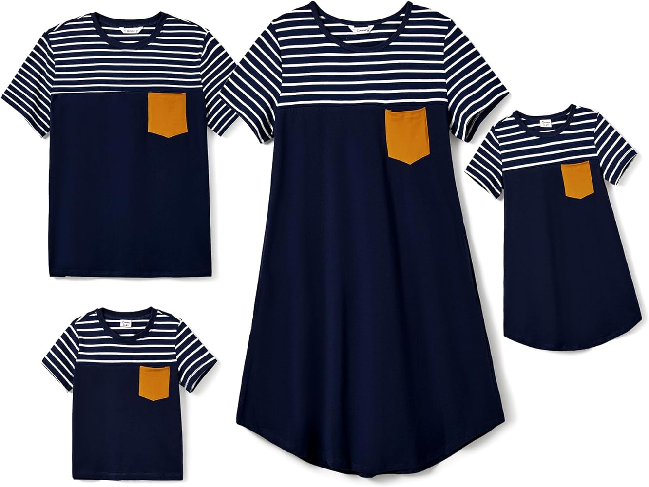 PATPAT Family Matching Outfits Mommy and Me Striped Short Sleeve Tshirt Summer Casual Dresses Blue with Pocket and Tshirts