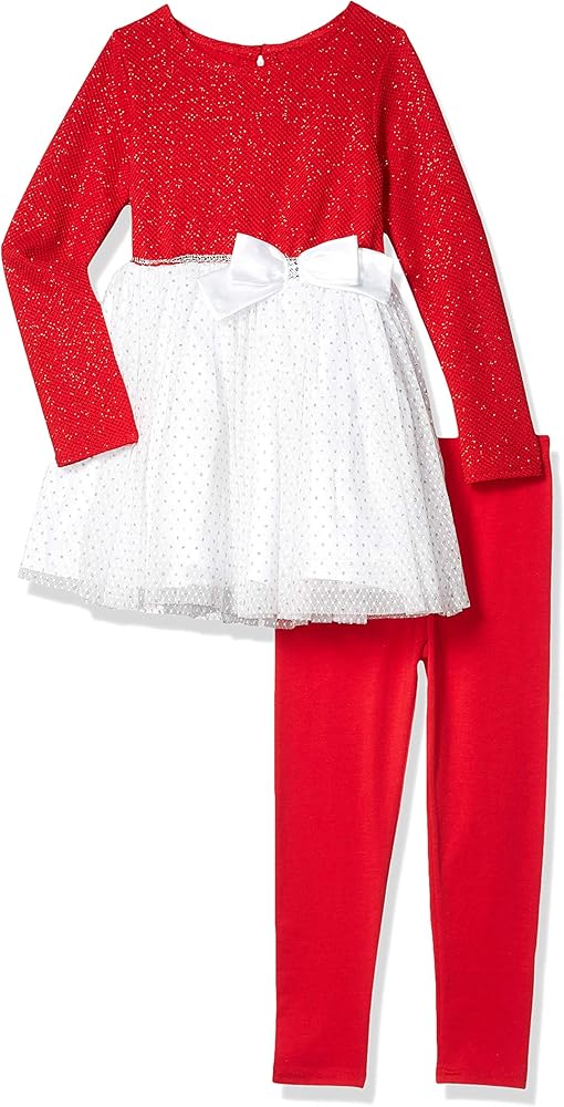 girls Glitter Mesh Jacquard Dot Dress and Legging Outfit Set