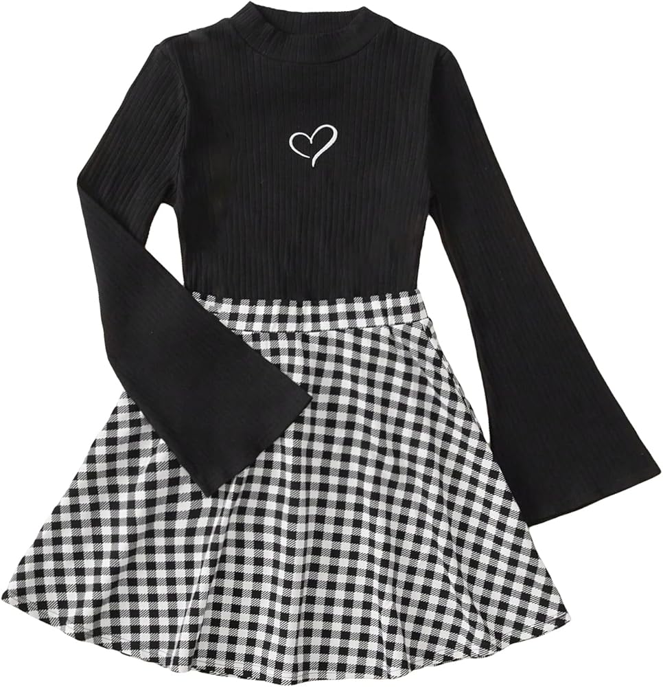 COZYEASE Girls' Heart Rib Knit Long Sleeve High Neck Tee and Plaid Print Skirts Set 2 Piece Outfits