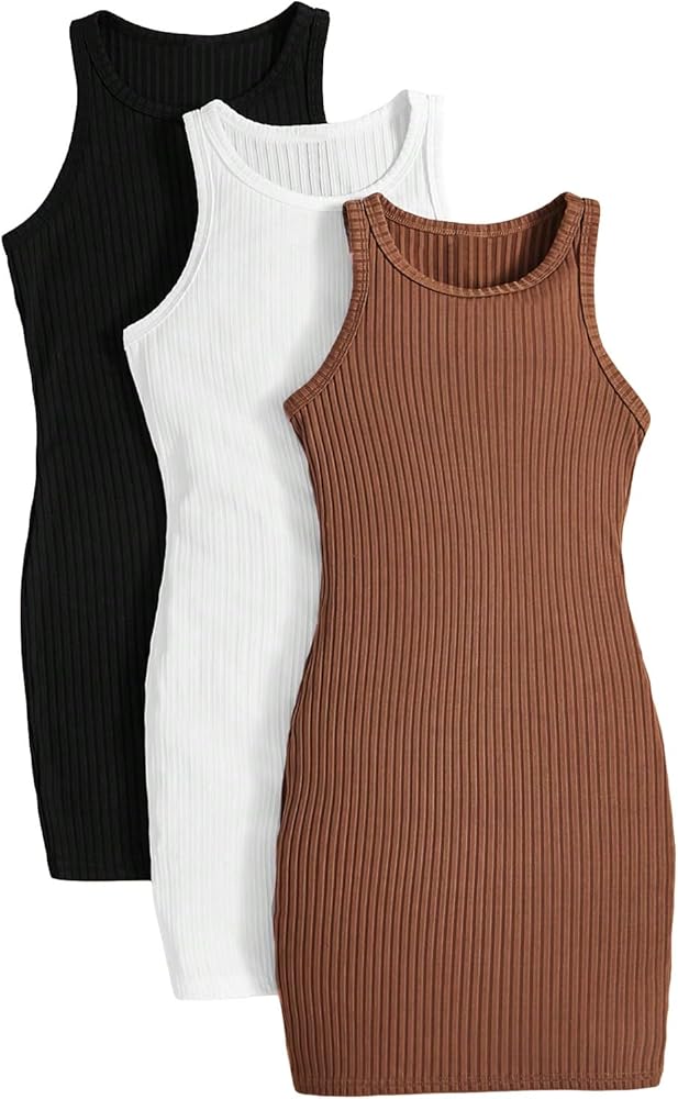 MakeMeChic Girl's 3 Pack Ribbed Knit Midi Tank Dress Solid Round Neck Sleeveless Bodycon Dress