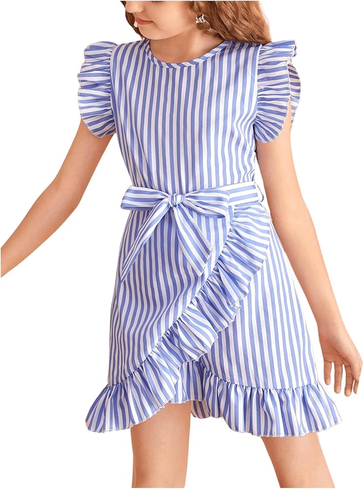 Milumia Girl's Striped Belted Ruffle Sleeve Wrap Hem Short Dress Cute Summer Dresses