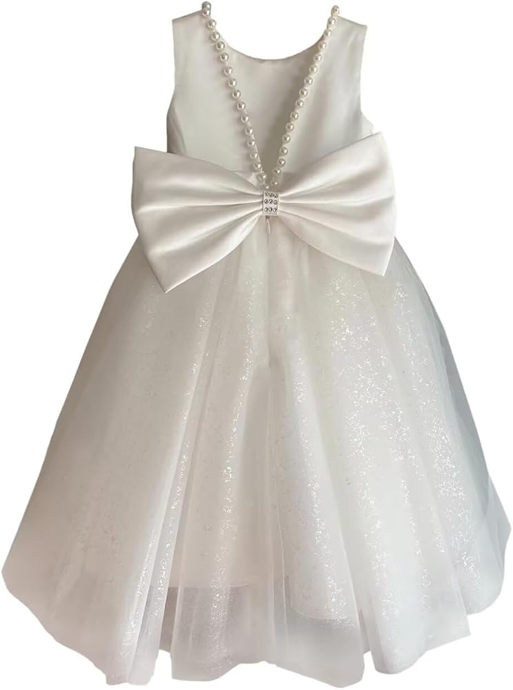 Glitter Tulle Flower Girl Dress V-Back Girls Party Dress with Pearls Princess Full-Length Bow-Knot Pageant Dress