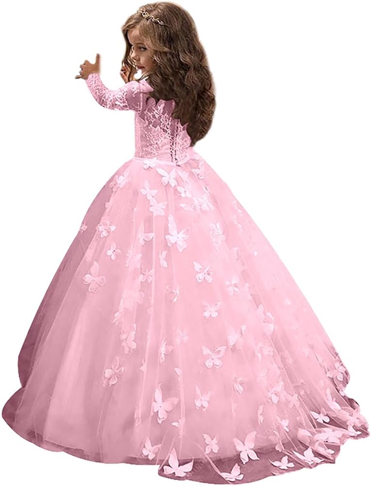 Girls Princess Celebration Prom Dresses Long Sleeve Butterfly Birthday Wedding Flower Girl Dresses