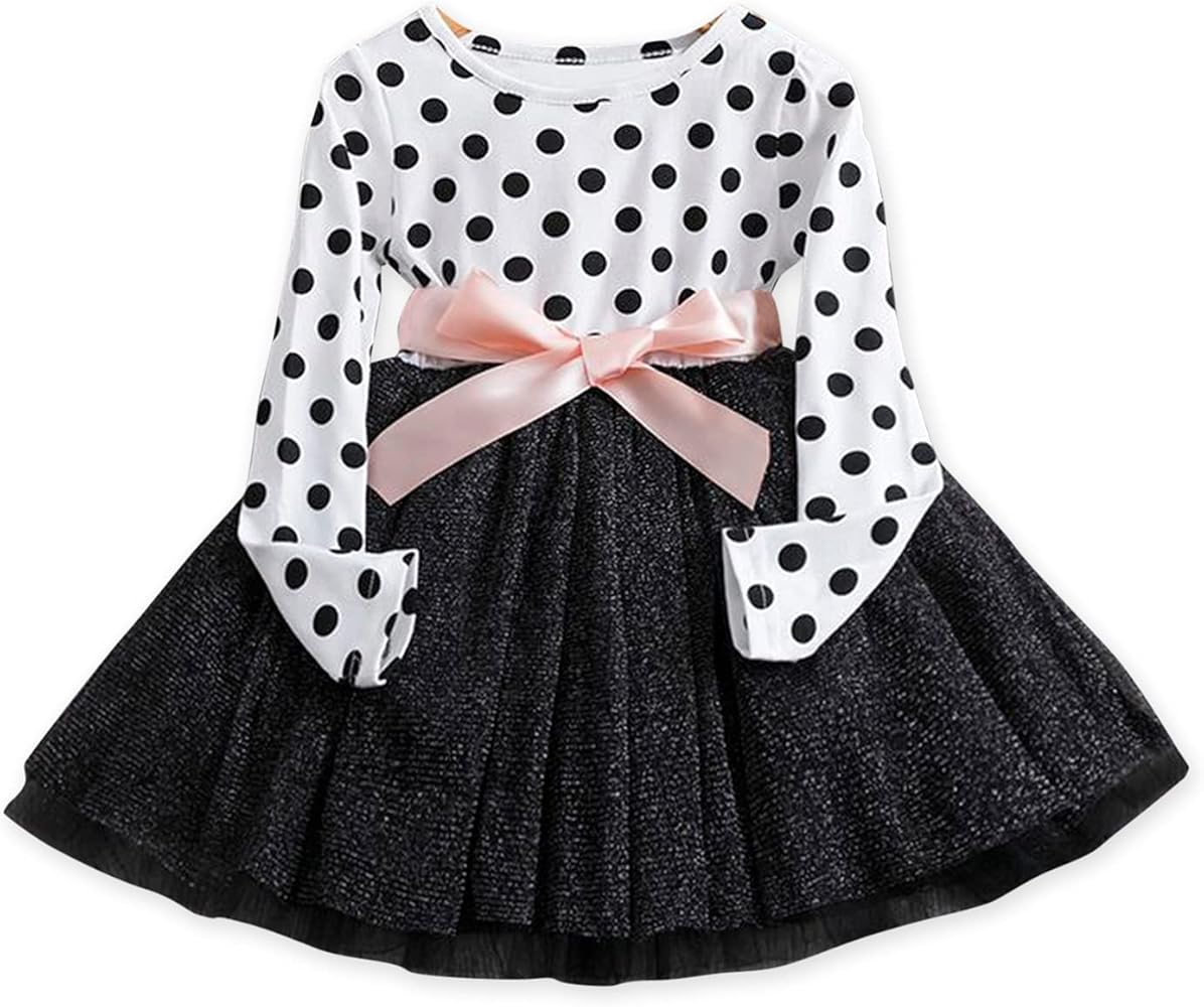 PATPAT Toddler Girl Clothes, Polka Dot Top, Mesh Glitter Skirt, Splicing Dress, Bow Stitching, 18-24 Months to 5-6 Years