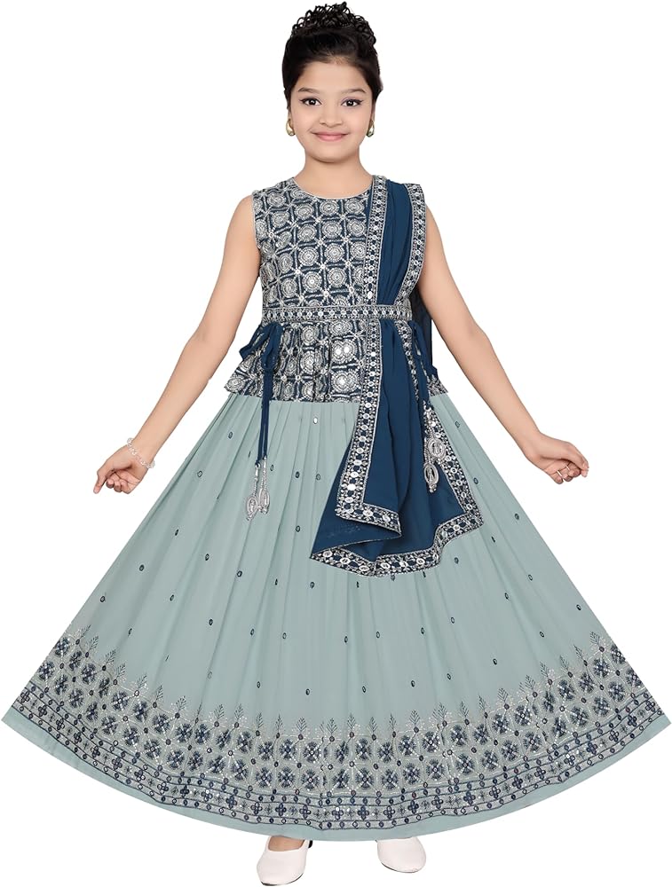 Indian Ethnic Kids Girls Kurta Plazzao Dress with inner blouse and Dupatta, Georgette Fabric, size 2 years to 14 years