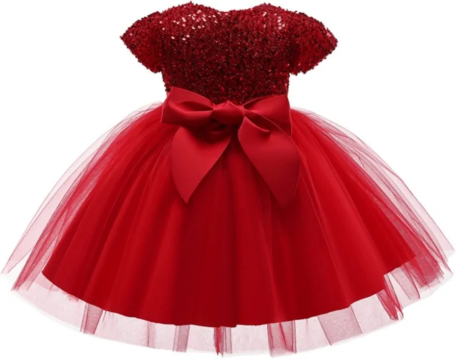 Foreign Trade Girls' Princess Dress New Children's First Year Sequin Dress Party Birthday Flower Girl Dress(Image Color - Red,11-12Y)