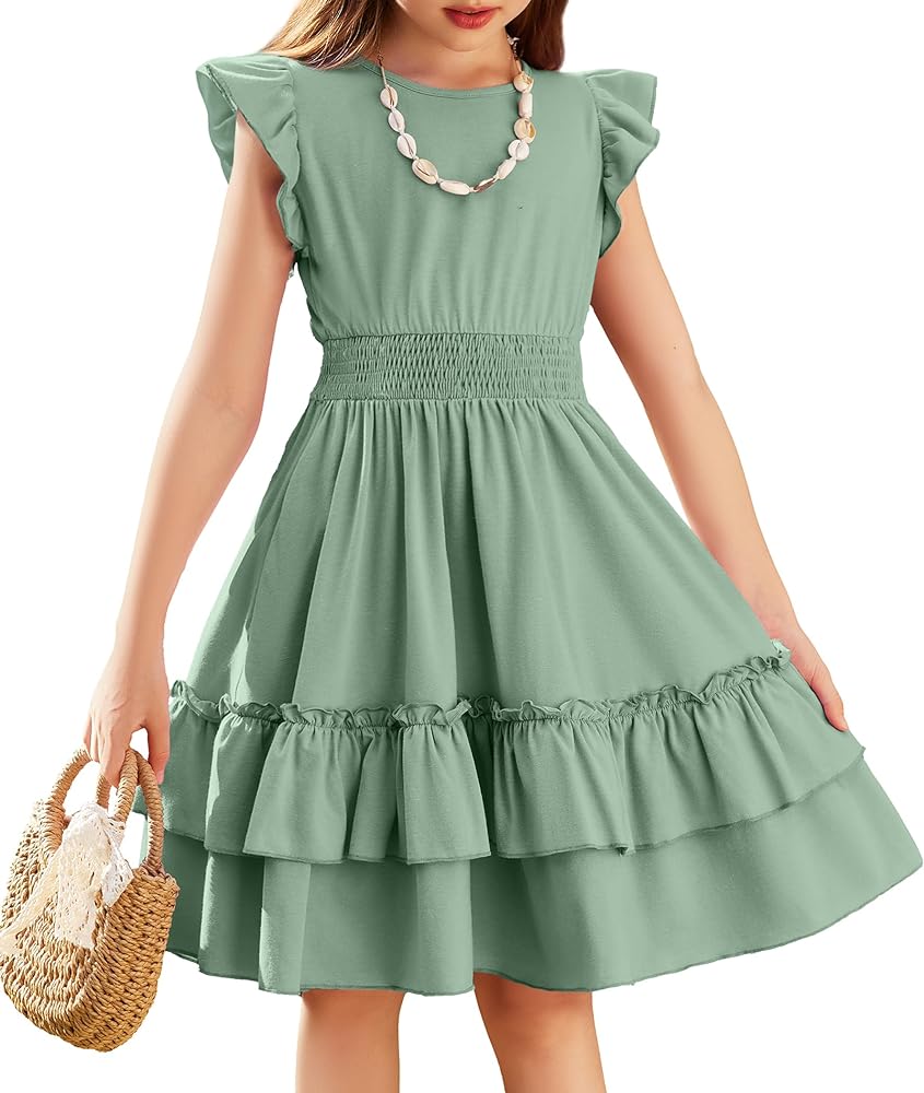 Arshiner Girls Dresses Flutter Sleeve A-Line Sundress Casual Summer Tiered Swing Midi Pocket Dress