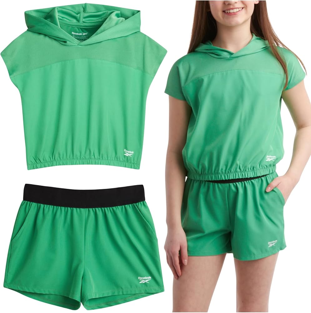 Reebok Girls' Shorts Set - 2 Piece Mesh Short Sleeve Hooded T-Shirt and Athletic Shorts - Summer Activewear for Girls (7-12)