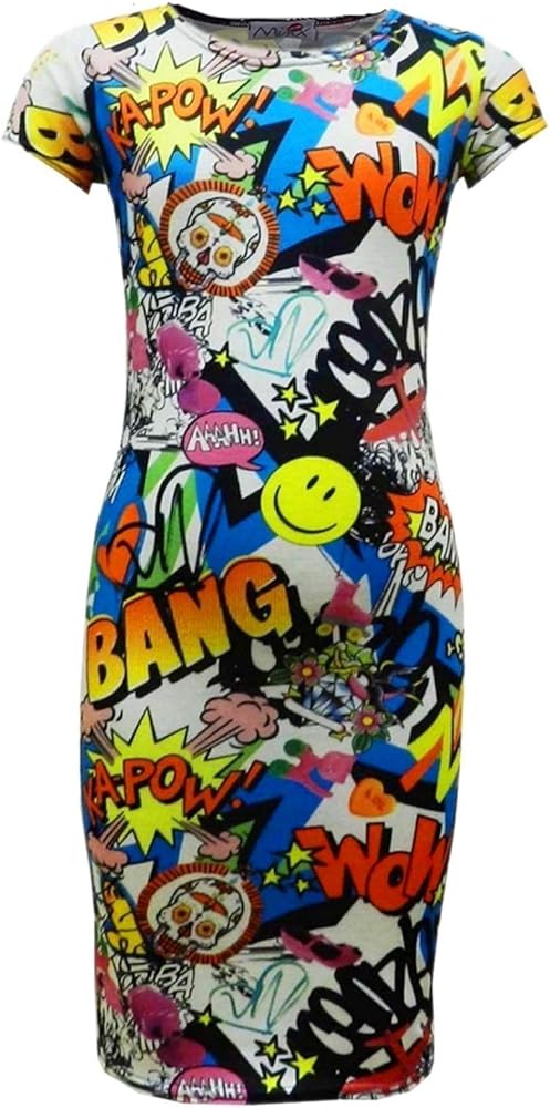 KIDS GIRLS COMIC GRAFFITI PRINT LEGGING SKATER MIDI DRESS CROP TOP SKIRT 2-13 Yr[11-12 Years,Midi Dress Comic Book]