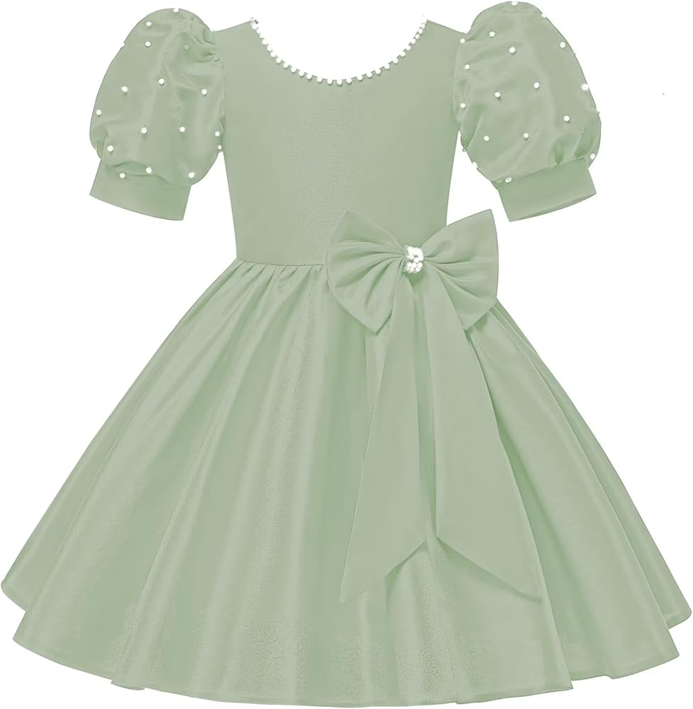 Satin Flower Girl Dresses for Wedding Beads Vintage Pageant Dress First Communion Gown with Bow Knot