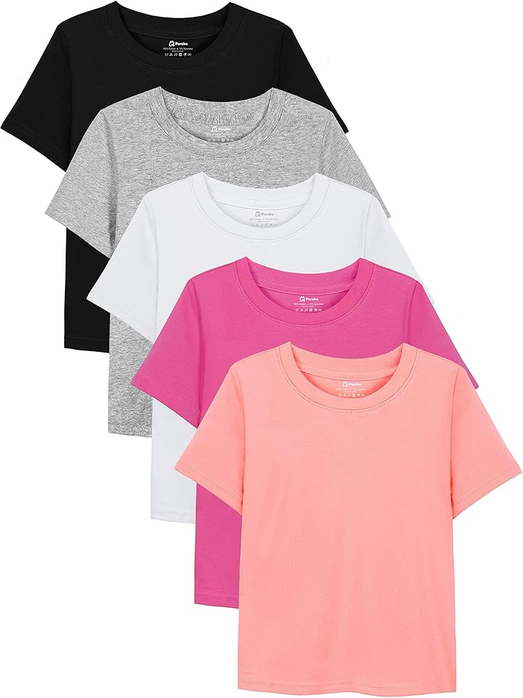 Poroka 5 Pack Girls Cotton Short-Sleeve T-Shirt with Round Neck Girl Solid T-Shirt with Anti Perspiration Strip