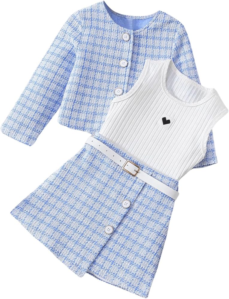 Floerns Toddler Girl's 3 Piece Outfit Plaid Print Jacket with Belt Skirts Rib Knit Tank Top