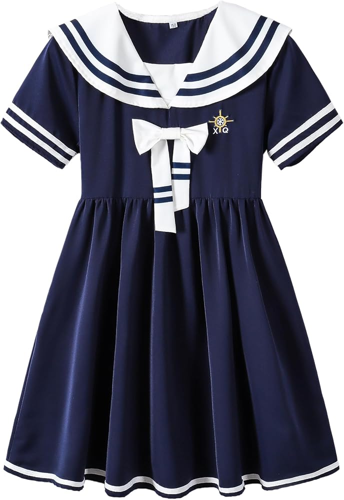 SHOOYING Girls Short Sleeve Preppy Style Sailor Uniform Dress for Kids 4-12 Years