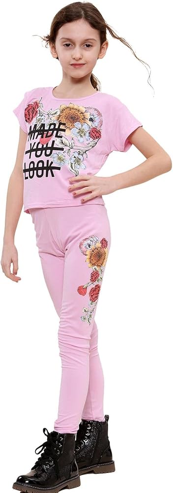 Girls Top Kids Short Sleeves Made You Look Print Baby Pink Crop Top Legging Sets