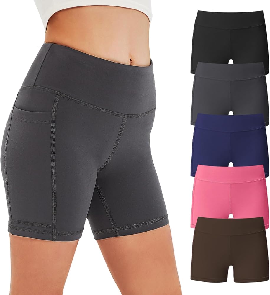 Girls Volleyball Athletic Biker Shorts with Pockets, Kids Dance Spandex Yoga Running Short 5 Pack