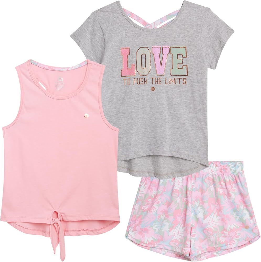 RBX Girls' Shorts Set - 3 Piece Performance T-Shirt, Tank Top, and Dolphin Shorts (7-12)