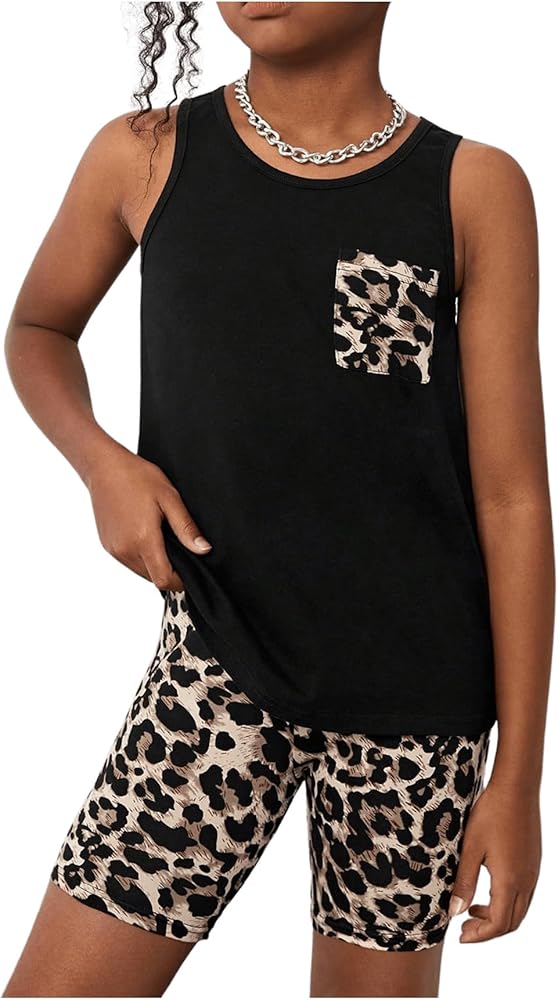 Floerns Girl's 2 Piece Outfit Leopard Print Tank Top with Biker Shorts Set