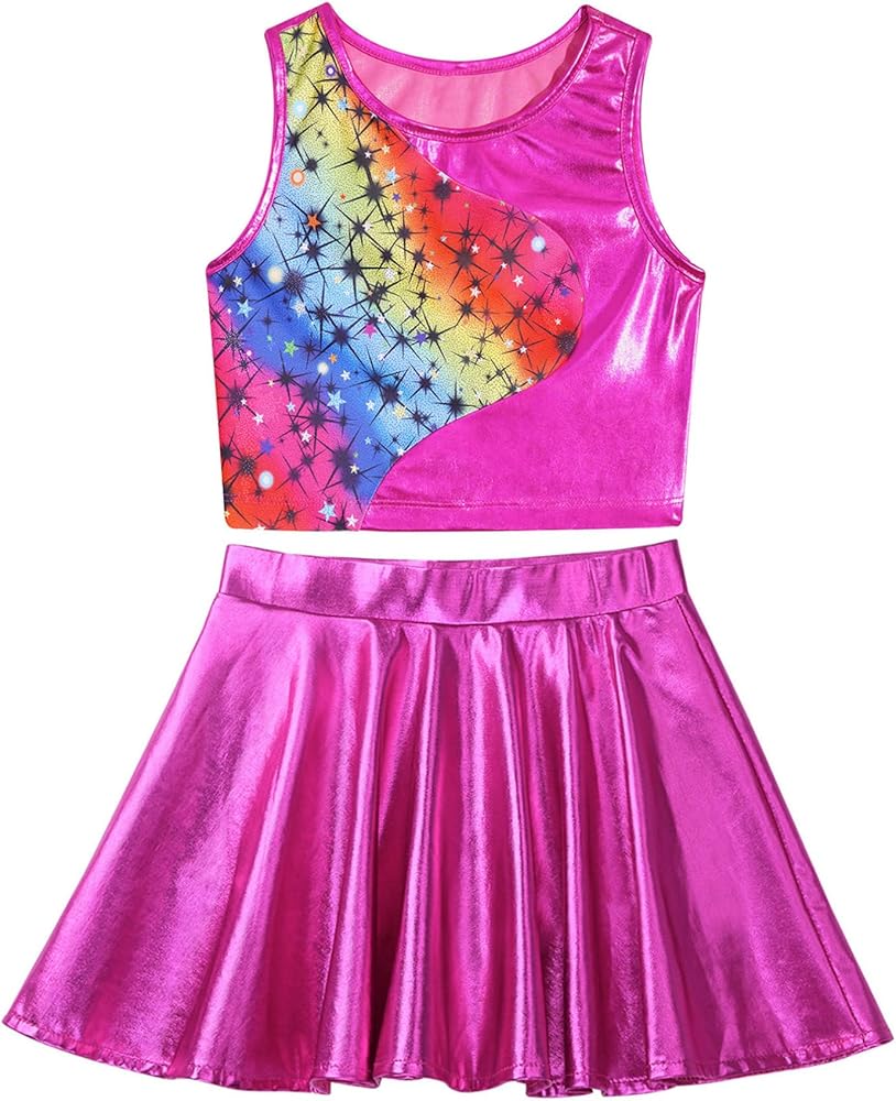 iiniim Kids Girls Sports Dance Set Crop Tops with Flared Skirt for Gymnastics Performance Competition Training