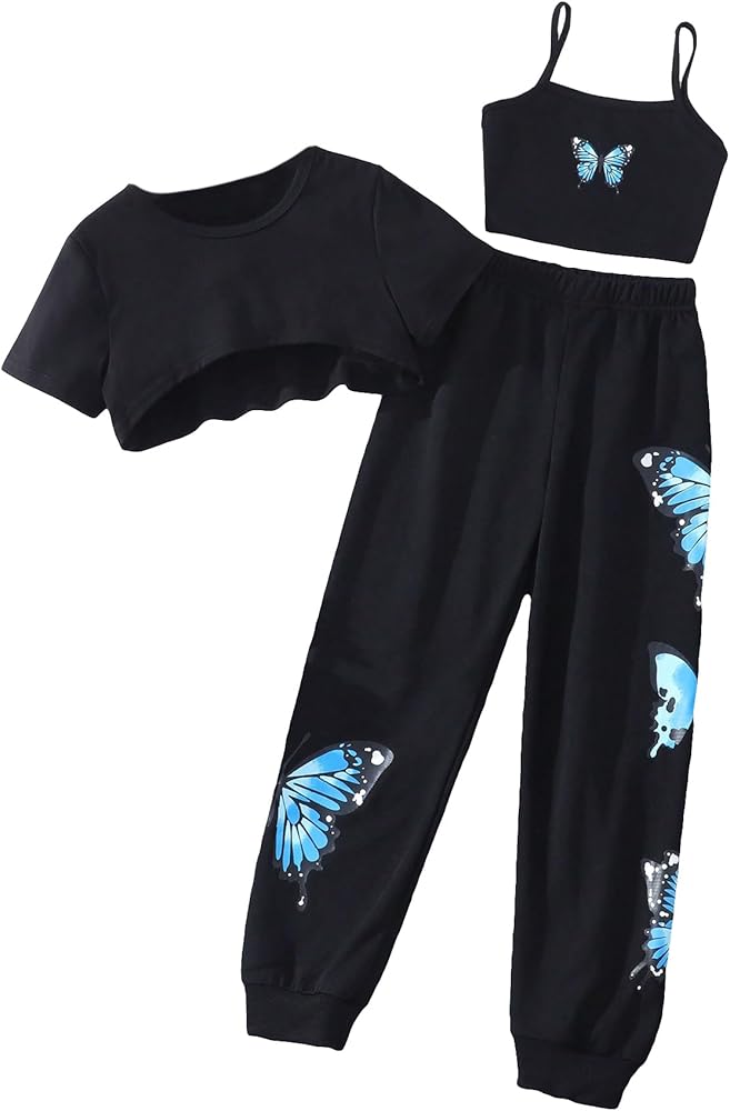 SOLY HUX Girl's Butterfly Print Cami Tops & High Low Hem Short Sleeve T Shirt with Sweatpants 3 Piece