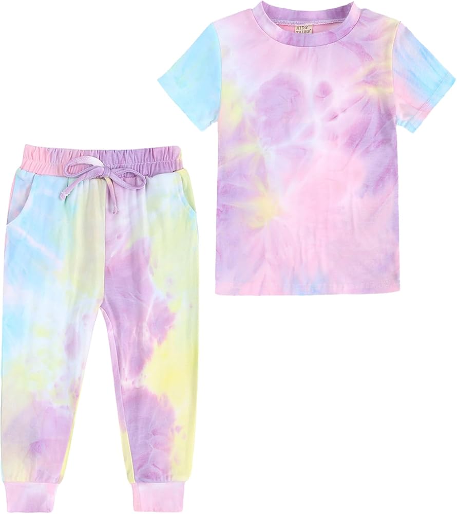 Toddler Little Girls Clothing Set 2 Piece Tie Dye Sports Outfits Kids Short Sleeve T-Shirt + Sweatpants with Pockets