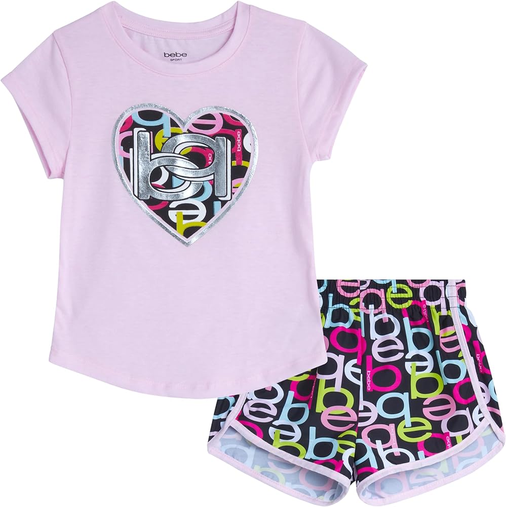 bebe Girls' Active Shorts Set - 2 Piece Short Sleeve T-Shirt and Dolphin Shorts - Cute Summer Clothing Set for Girls (4-12)