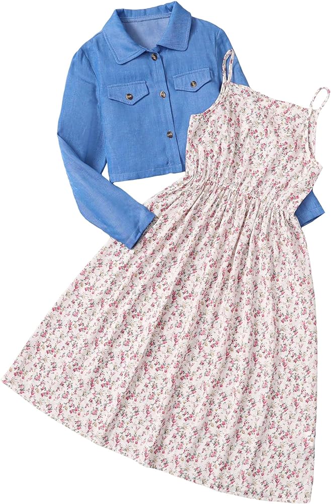 OYOANGLE Girl's 2 Piece Outfits Ditsy Floral Print Midi Cami Dress and Long Sleeve Button Shirt Jacket Set