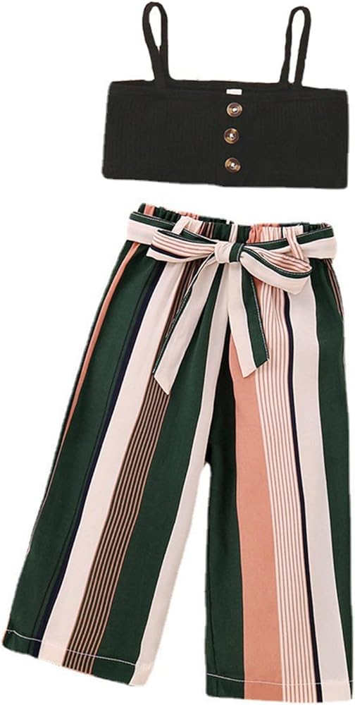 Kids Girls 2PCS Outfits Summer Cropped Tops Striped Printed Wide Leg Pants Clothes Set Vest Trousers Suit