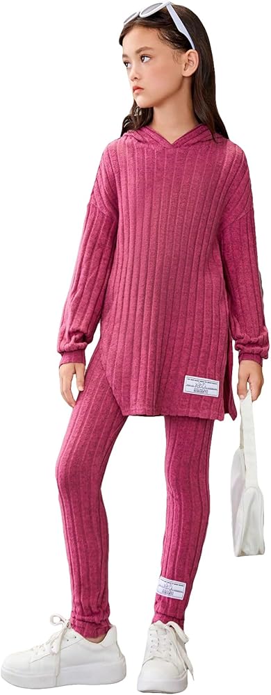 Floerns Girls Rib Knit Hooded Long Sleeve Tee Shirt Leggings Two Piece Outfit