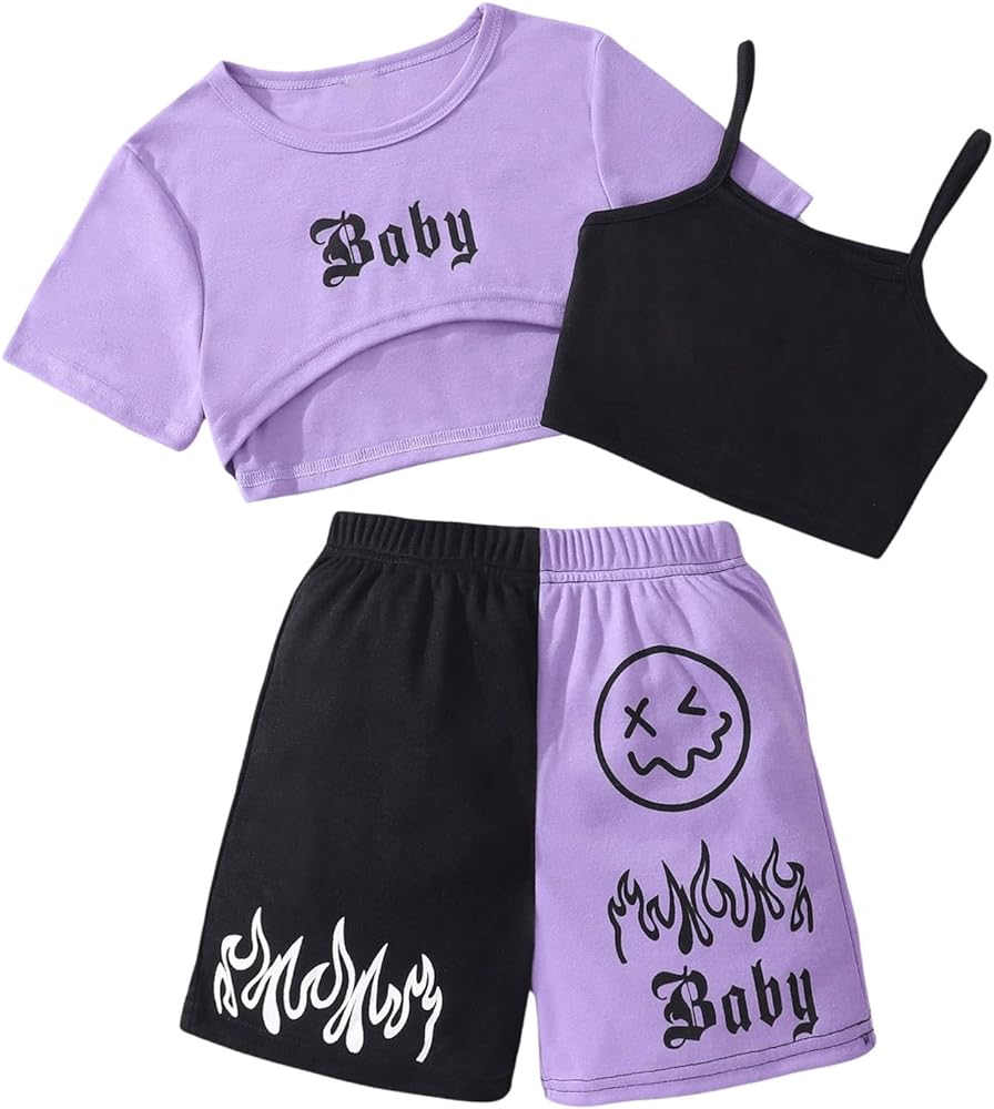 SweatyRocks Girl's 3 Piece Colorblock Outfits Sleeveless Cami Top and Letter Graphic Shorts with Round Neck Crop Tee