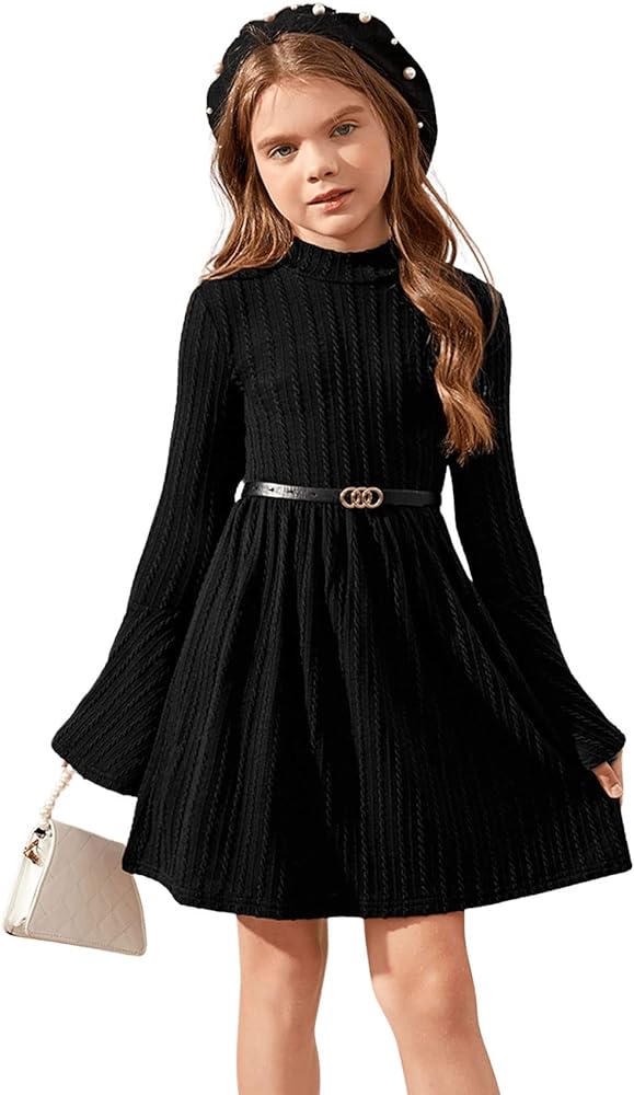 SweatyRocks Girl's Long Sleeve Mock Neck Dress Casual Knit Flared Short Dresses