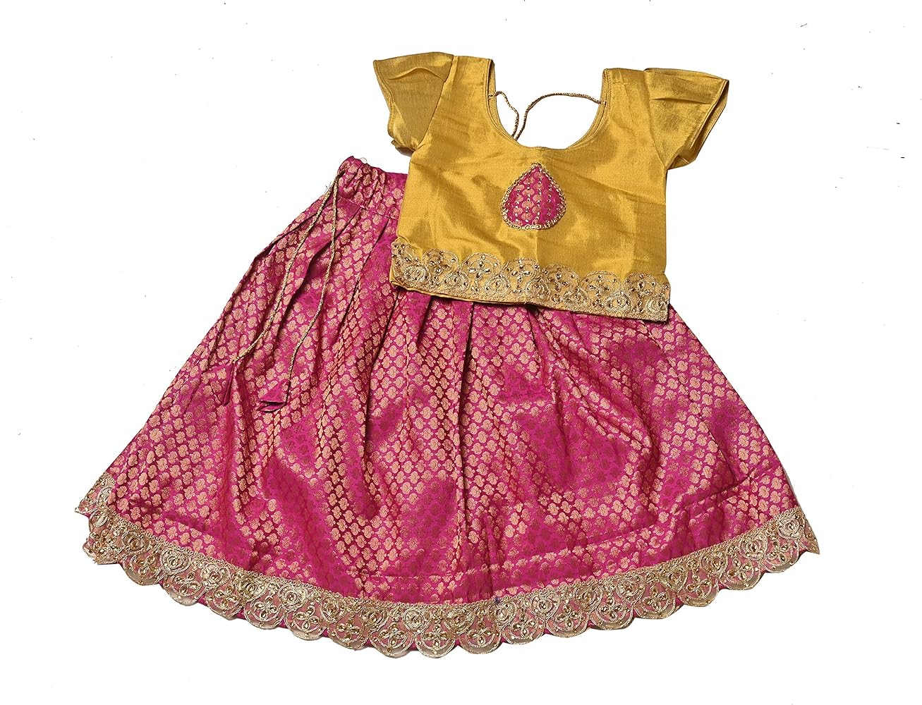 Tissue Silk & Chanderi Fabric Short Sleeve Party Wear Lehenga Choli for Girls & Kids (Color-Yellow & Hot Pink)