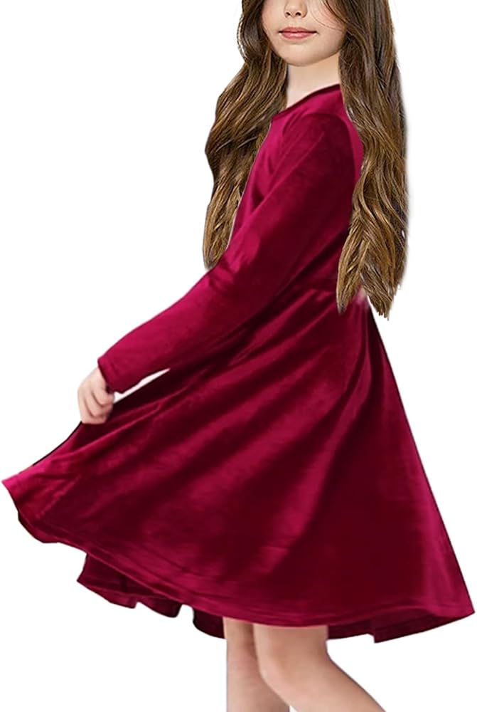 Girl's Velvet Dress Long Sleeve Crew Neck Ruffle Hem Formal A-Line Dress for 5-14Y Girls