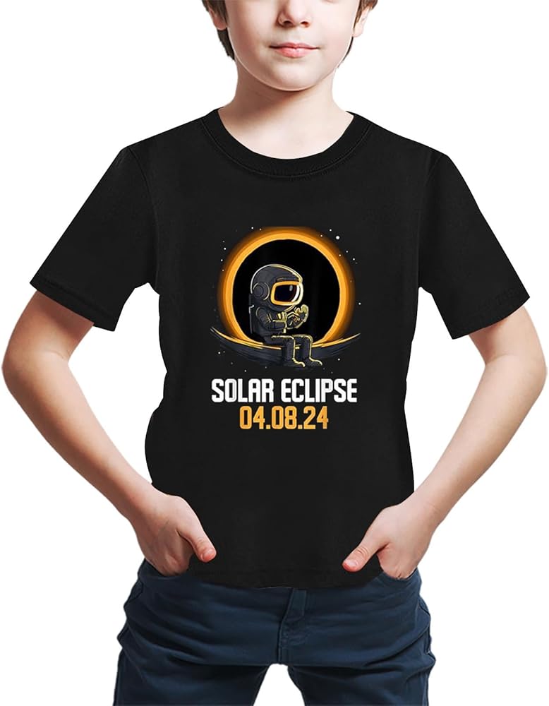 Boys' Short Sleeve Solar Eclipse 04.08.24 Logo Printed Tee T-Shirt Lightweight Tee for Kids 1-10 Years, Black