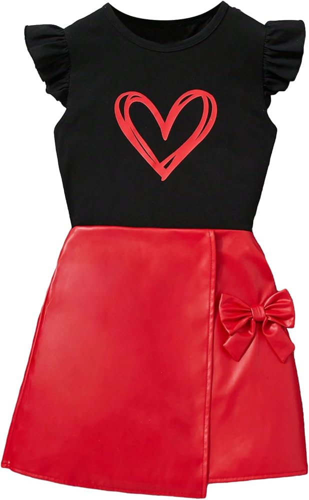 Milumia Girl's Summer Outfits 2 Piece Heart Print Ruffle Cap Sleeve Tee and PU Leather Skirt Set