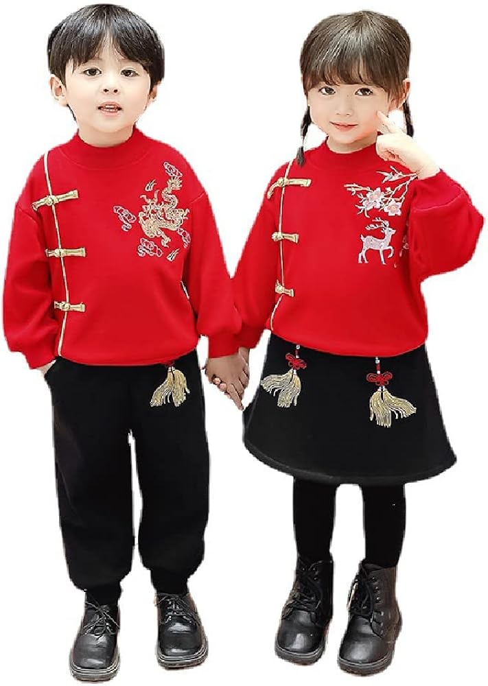 Quenny children's velvet sweater suits,dragon and deer embroidered New Year's clothing,chinese style two-piece suits.