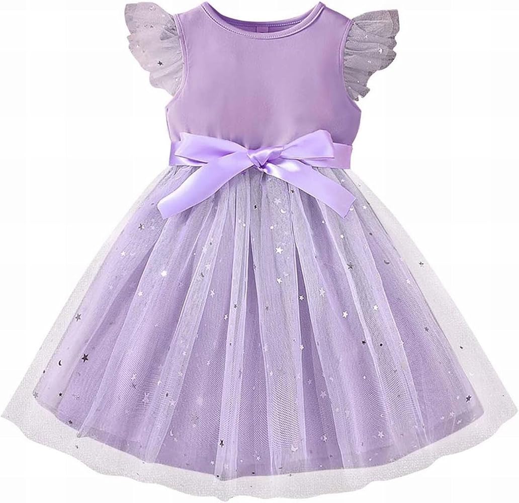 Toddler Girls Solid Casual Dress Ruffle Tulle Fly Sleeve Tutu Dress Baby Girls Star Sequin Bow Belt Bridesmaid Dress