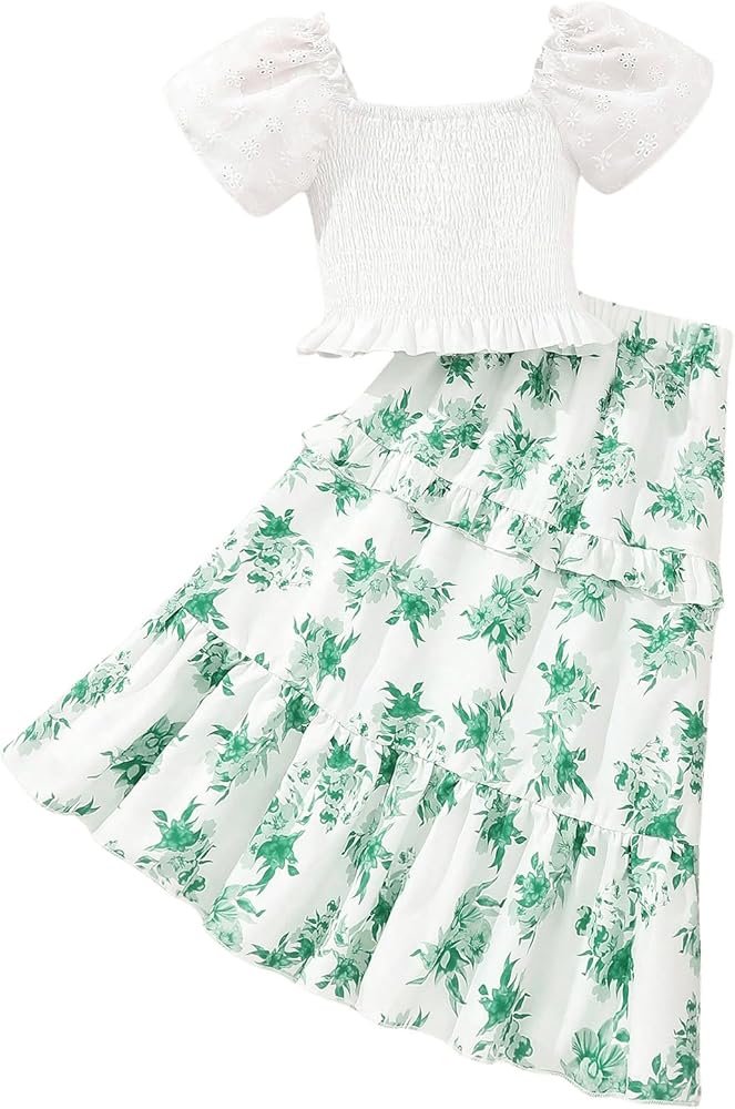 Girl's 2 Piece Short Sleeve Square Neck Ruffle Hem Blouse Shirt Top and Floral Print Skirt Sets Green 8Y