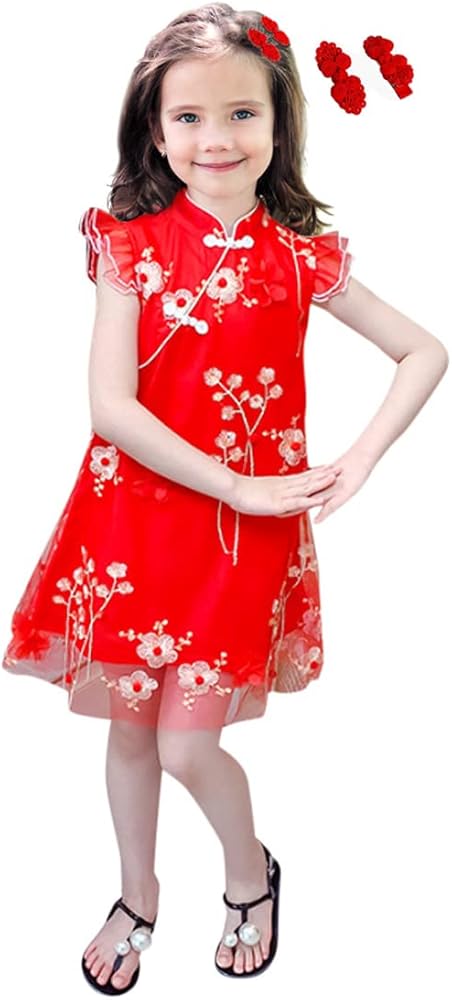 Girls Chinese Cheongsam Qipao Traditional Floral Pretty Flowy Embroidered Floral Dress with Matching Hair Clips Outfit