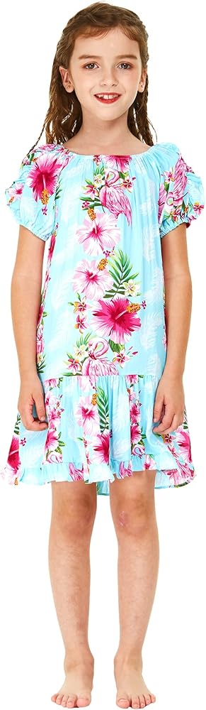 Girl Hawaiian Short Sleeve Simple Muumuu Ruffle Dress in Pink Hibiscus Vine Black