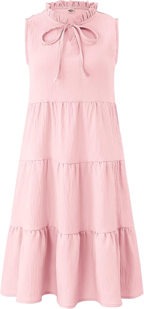 GERU Girls' Sleeveless Ruffle Dress Fungus Collar Bow A-Line Dress Flow Cute Midi Dresses 3-12 Years