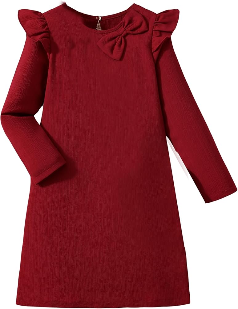 OYOANGLE Girl's Textured Ruffle Long Sleeve Bow Front Straight Midi Dress Casual Tunic Dresses